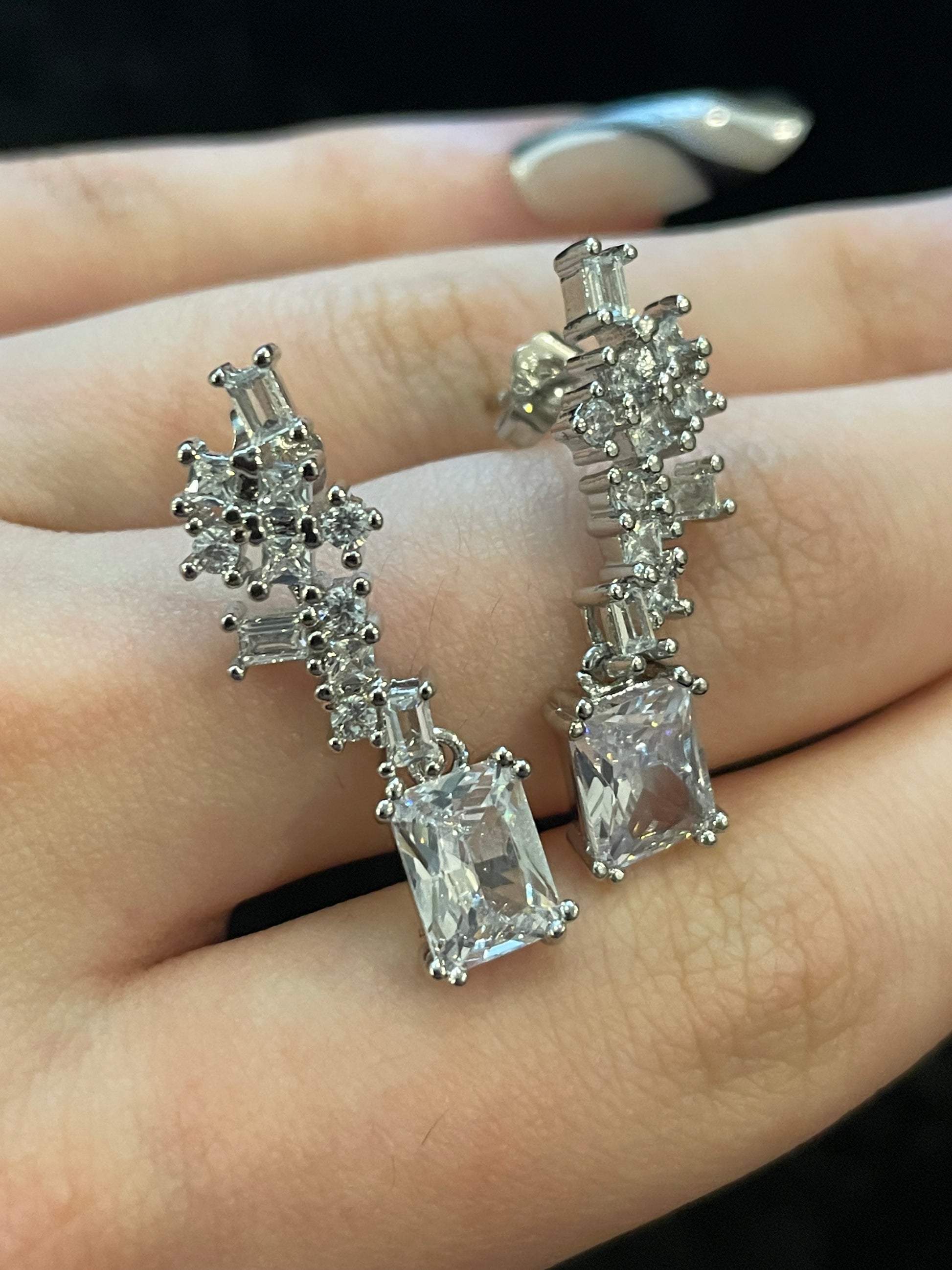 Emerald cut drop earrings with baguette and square cubic zirconia